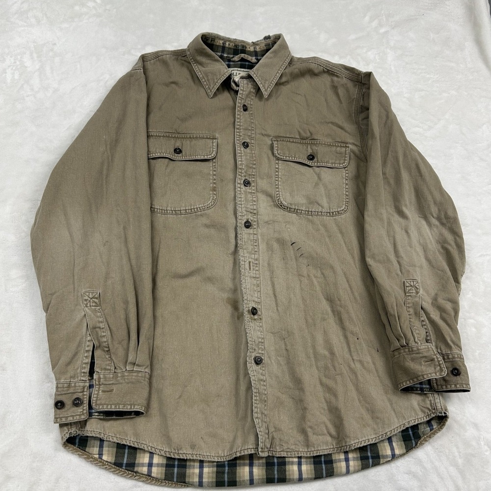 LL Bean Flannel Lined Shirt Jacket Mens XL Tan Plaid Workwear Canvas 1695